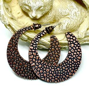 Vintage Antique Copper Oxidized Pebble Texture Open Post Hoop Earrings Hoops